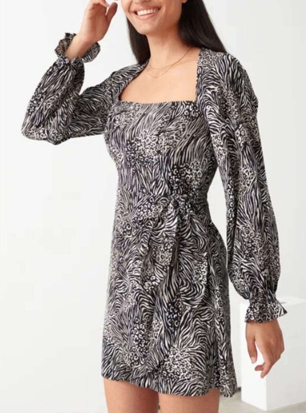 & Other Stories Flowy Leopard Print Mini Dress Puff Sleeves Side Tie Skirt 4